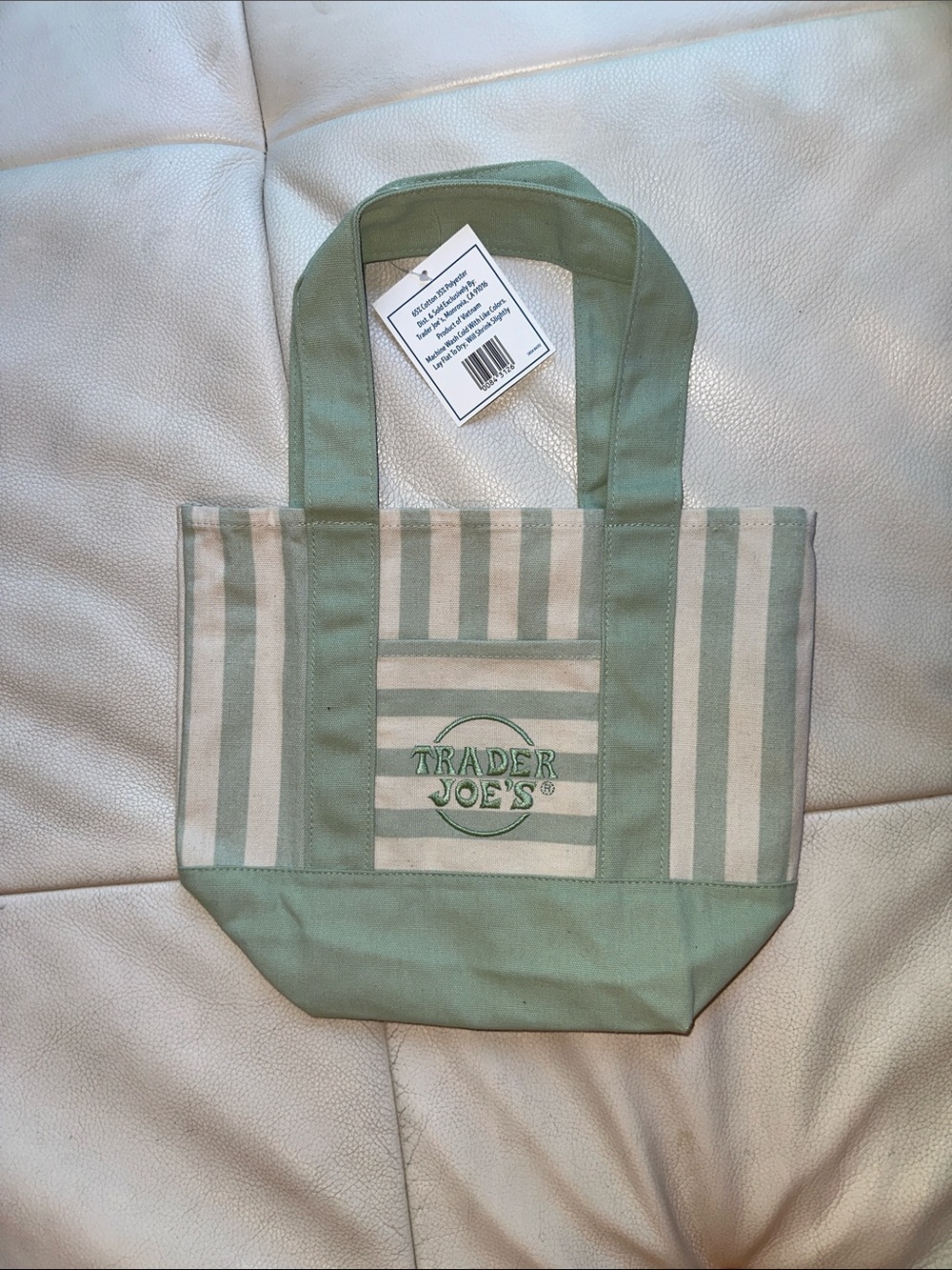 Trader Joe's Striped Mini Canvas Tote Bags Limited Edition in Green/ Off White